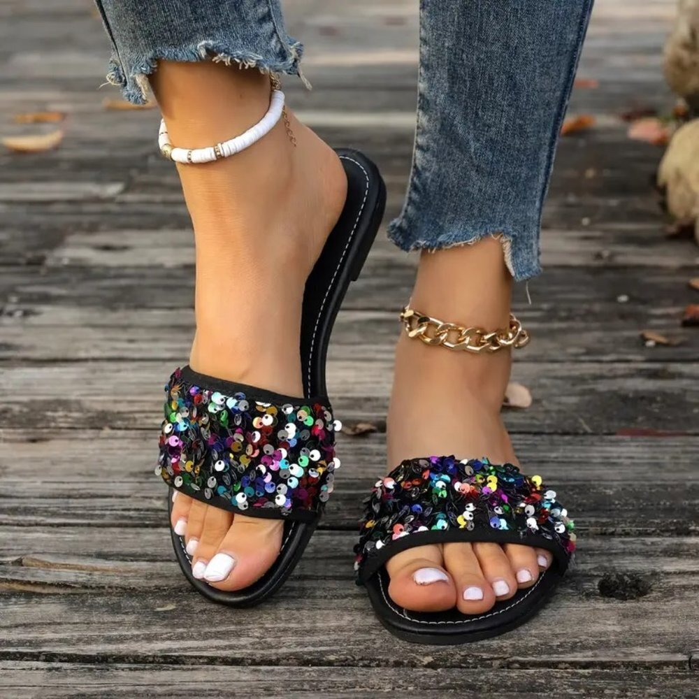 Black Multicolor Sequin Embellished Slide Sandals Sizes 7 NWT